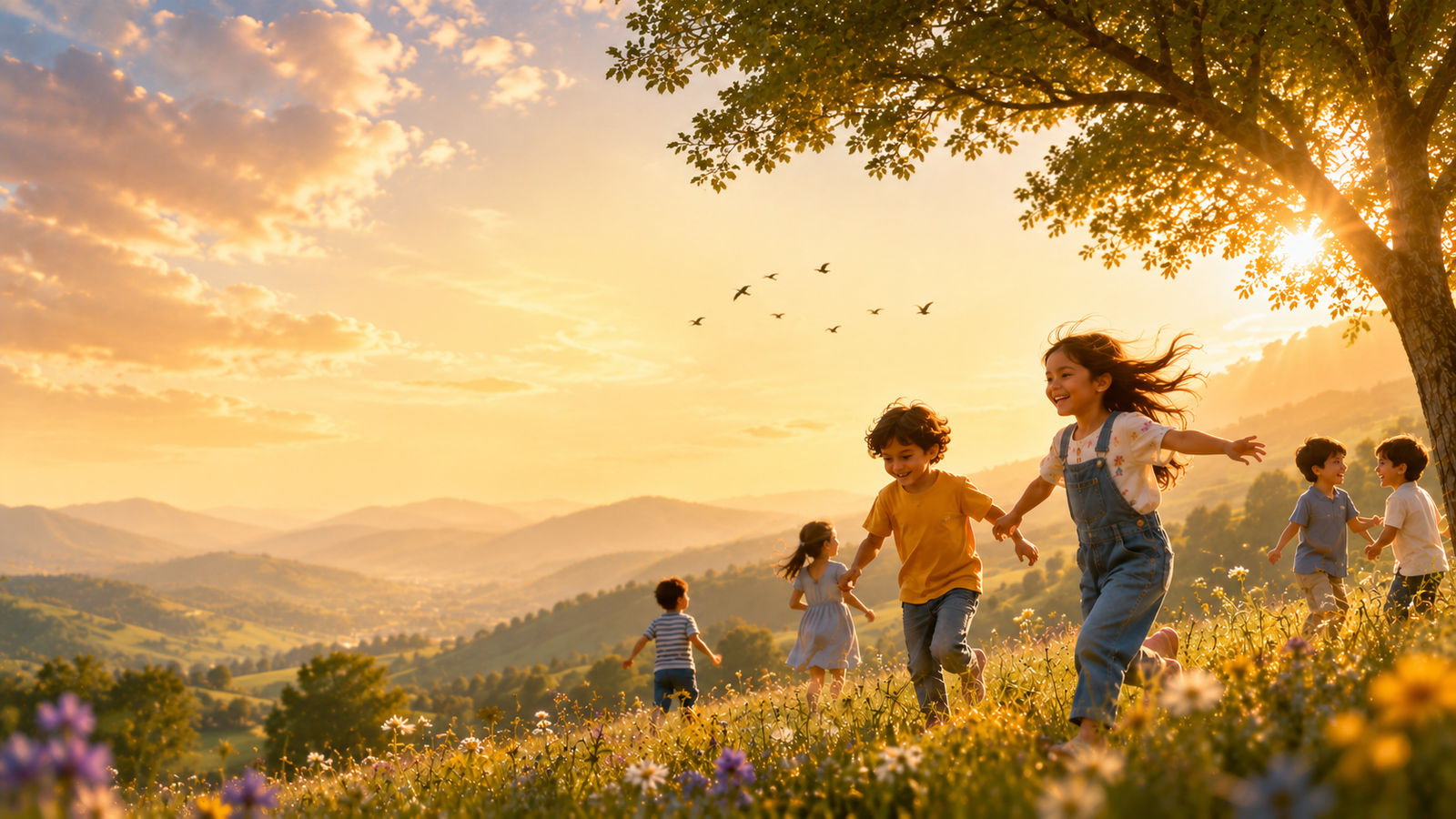 Children running through a wildflower meadow at golden hour