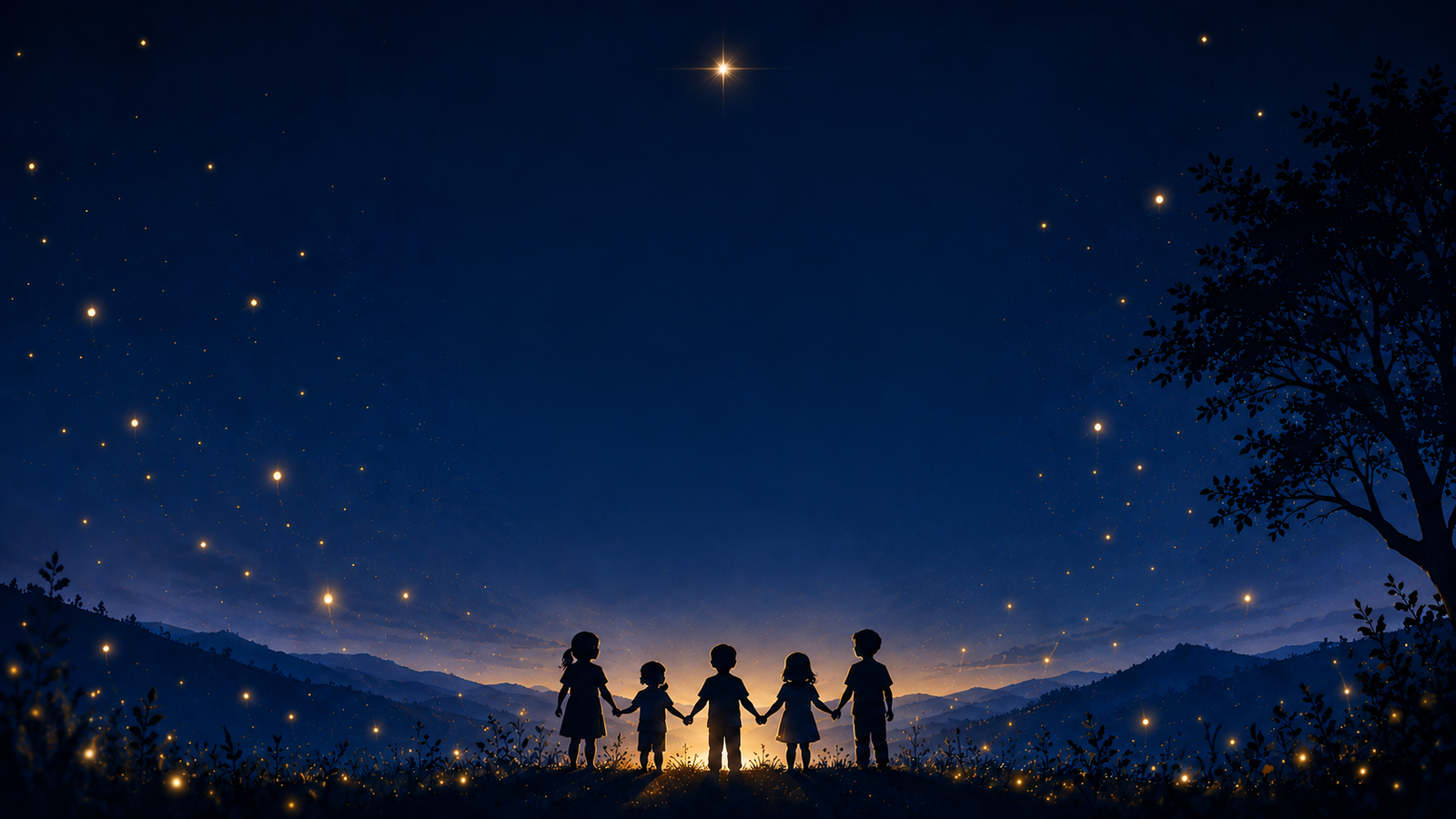 Five children holding hands, silhouetted against a starry night sky